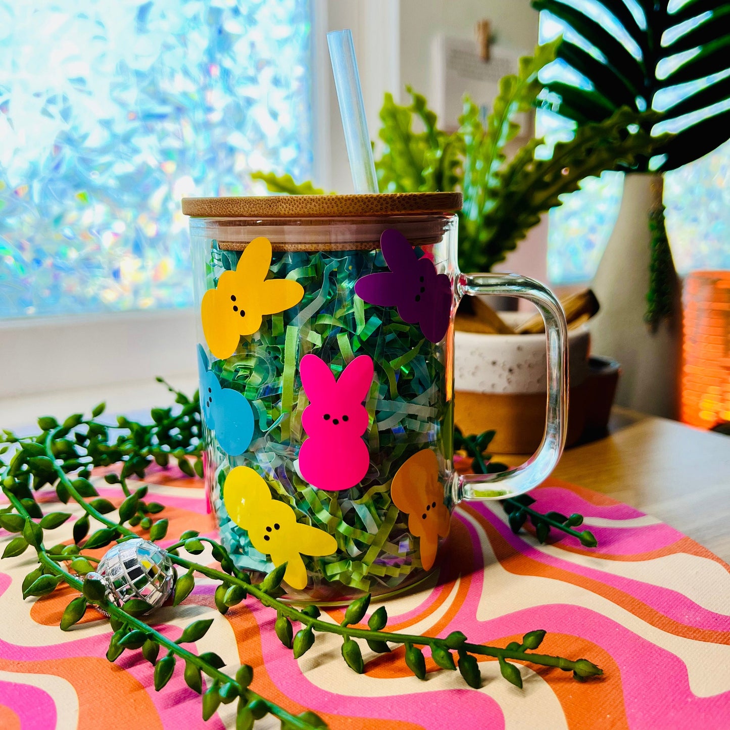 Colorful Easter Marshmallow Candy Glass Mug | 17oz mug + lid/straw