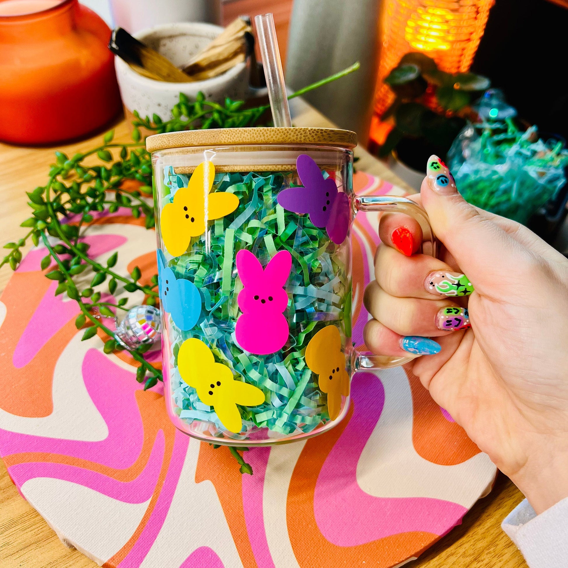 Colorful Easter Marshmallow Candy Glass Mug | 17oz mug + lid/straw