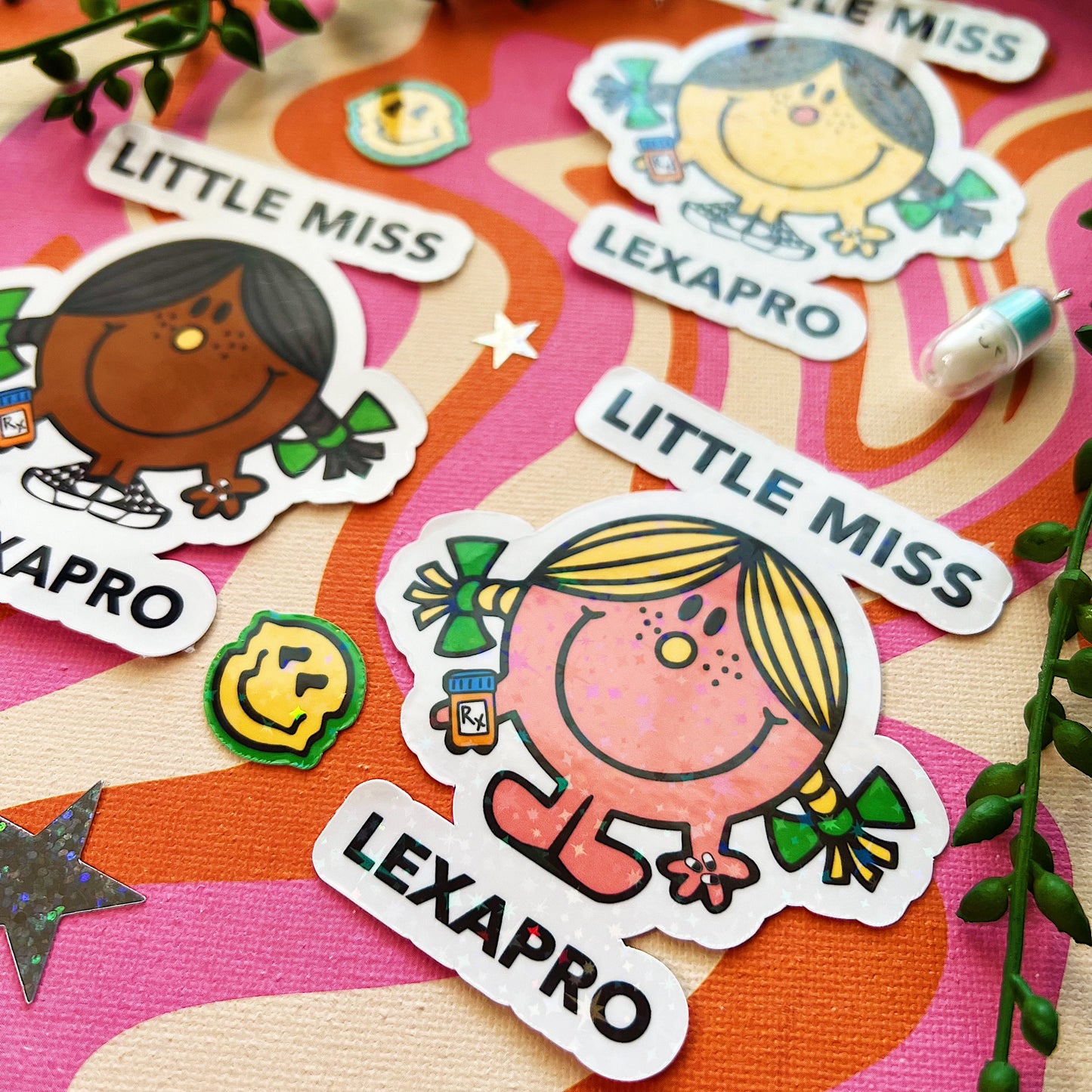 Y2K little miss lexapro sticker decal anxiety storebought ssri accessory mental health awareness gift grippy sock 90s cartoon nostalgic charm 2000s live laugh lexapro cute brain pills gift aesthetic anxious medication ho for lexapro relief dopamine