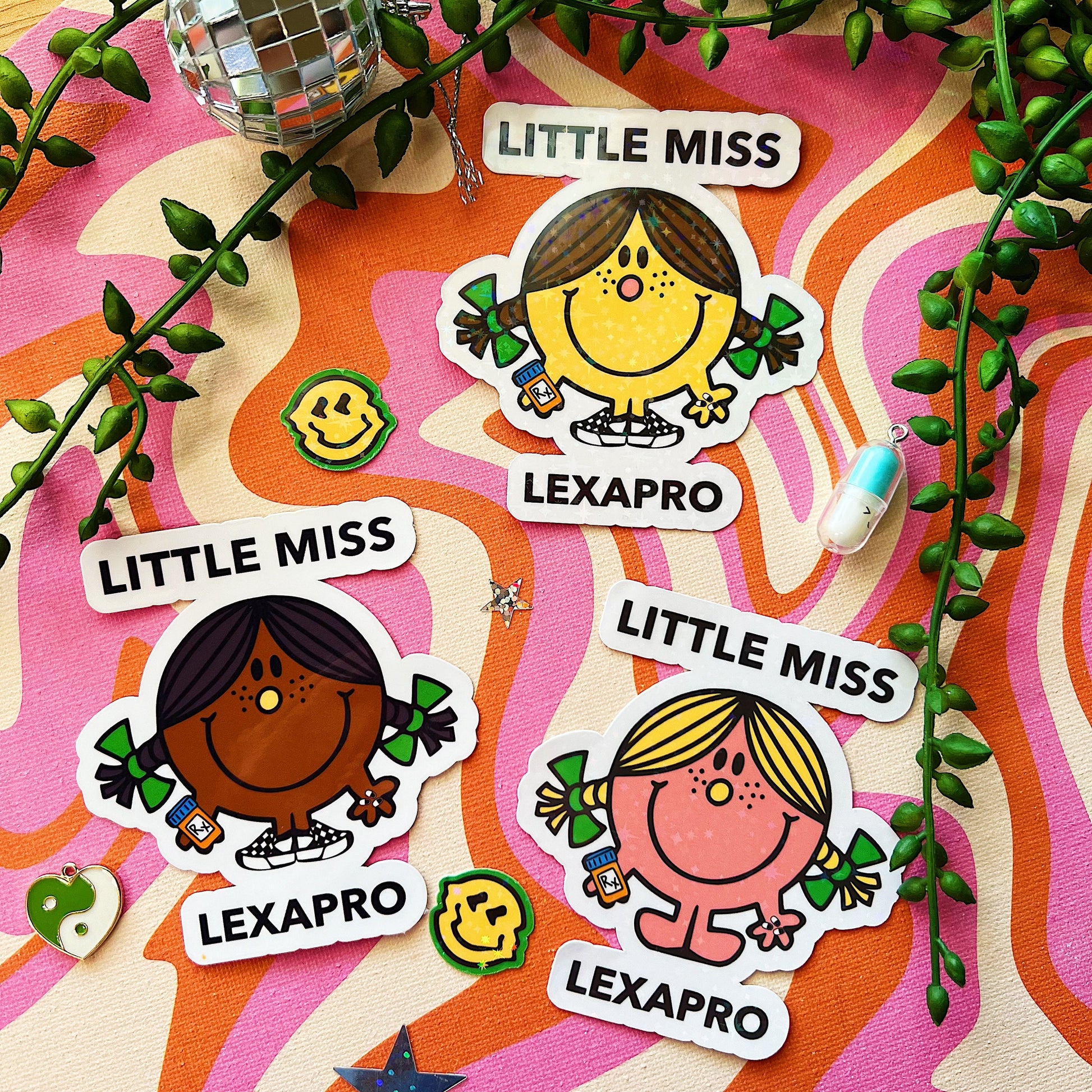 Y2K little miss lexapro sticker decal anxiety storebought ssri accessory mental health awareness gift grippy sock 90s cartoon nostalgic charm 2000s live laugh lexapro cute brain pills gift aesthetic anxious medication ho for lexapro relief dopamine