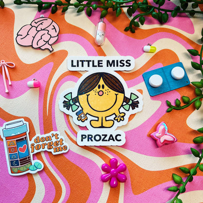 Y2K Prozac sticker unique vibrant nostalgic design mental health awareness millennial colorful pill depression anxiety custom ssris durable collectible stylish art era throwback exclusive fan decorative logo positivity trendy fashion LITTLE MISS