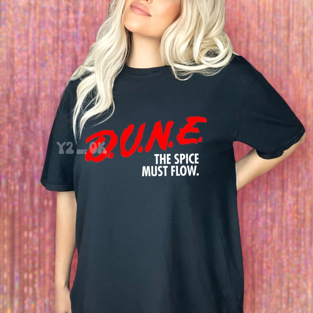 DUNE timothee chalamet tshirt D.A.R.E. 90s nostalgia sci-fi vinyl geeky Frank Herbert book sci-fi dare to resist drugs and violence the spice must flow Lisan al-Gaib house atreides may thy knife chip and shatter chani fayd rautha y2k zendaya austin