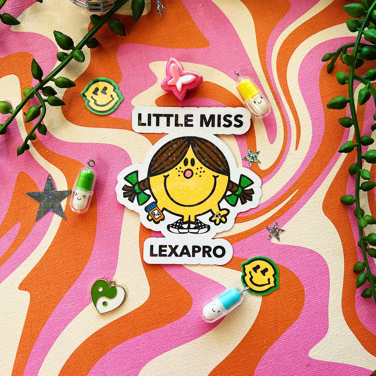 Y2K little miss lexapro sticker decal anxiety storebought ssri accessory mental health awareness gift grippy sock 90s cartoon nostalgic charm 2000s live laugh lexapro cute brain pills gift aesthetic anxious medication ho for lexapro relief dopamine