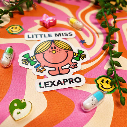 Y2K little miss lexapro sticker decal anxiety storebought ssri accessory mental health awareness gift grippy sock 90s cartoon nostalgic charm 2000s live laugh lexapro cute brain pills gift aesthetic anxious medication ho for lexapro relief dopamine