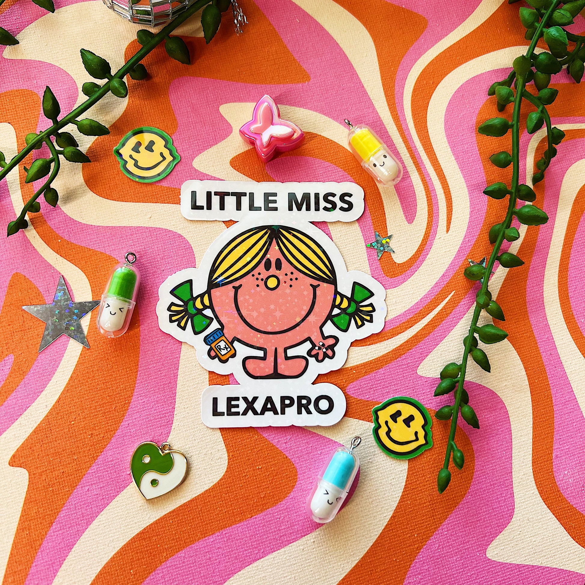 Y2K little miss lexapro sticker decal anxiety storebought ssri accessory mental health awareness gift grippy sock 90s cartoon nostalgic charm 2000s live laugh lexapro cute brain pills gift aesthetic anxious medication ho for lexapro relief dopamine