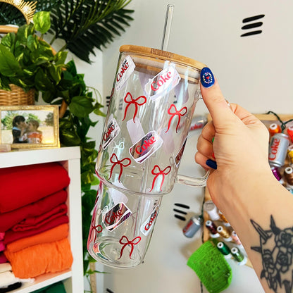 Diet Coke 40oz Glass Tumbler w/ Handle | XL Jumbo Cup + lid/straw | Coquette Y2K Gift for Soda Lovers/Addicts | Custom Vinyl Decal #WaterTok